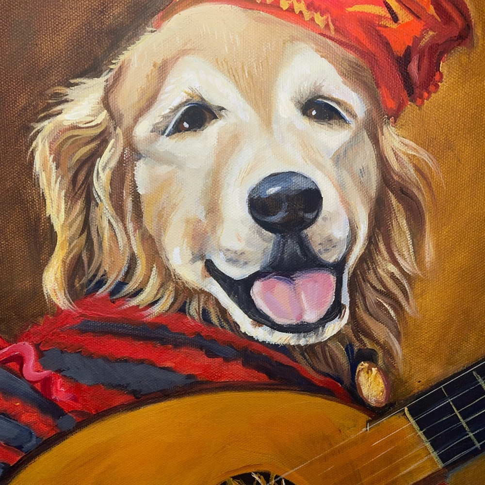 Authentic Valerie Renoux French Paintin of Golden Retriever with Lute Canvas Art - Picture 2 of 4